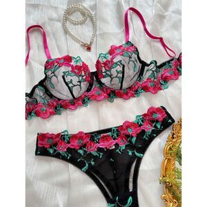 Large 2 pc. Rose Red Floral Embroidered Sheer Mesh Underwire Sexy Lingerie Set
